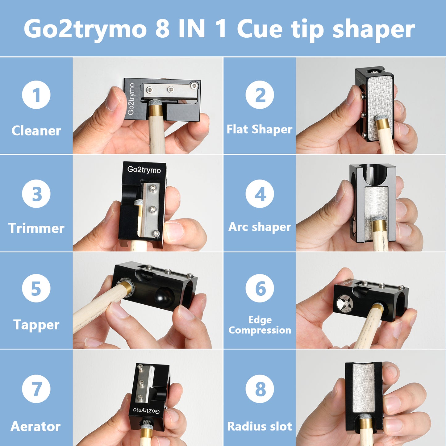 Go2trymo 8-in-1 Aluminum Pool Cue Tip Shaper Tool