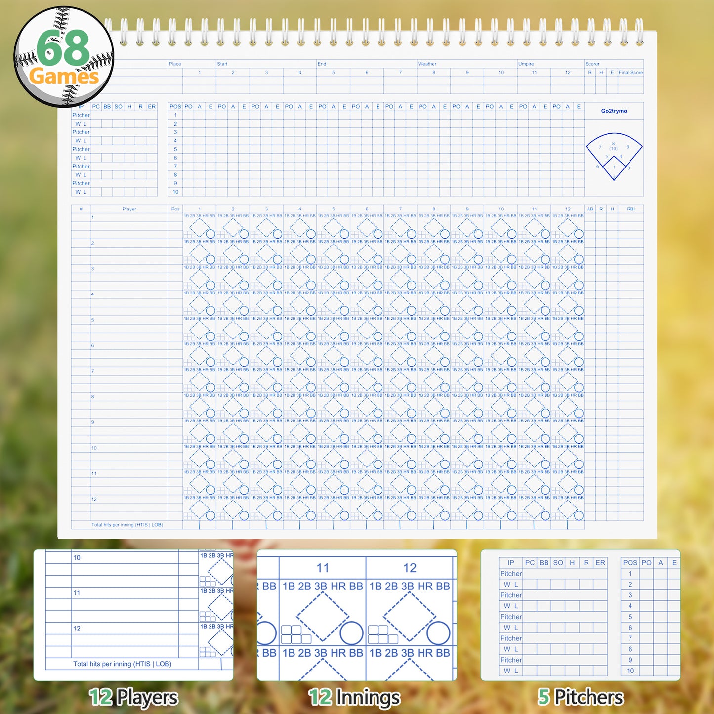 Baseball Softball Scorebook, 68 Games, 12 Inning Scores, 12 Player Lineup, Large Print Baseball Score Keeping Book for Adult, Youth, Little League Scorekeepers